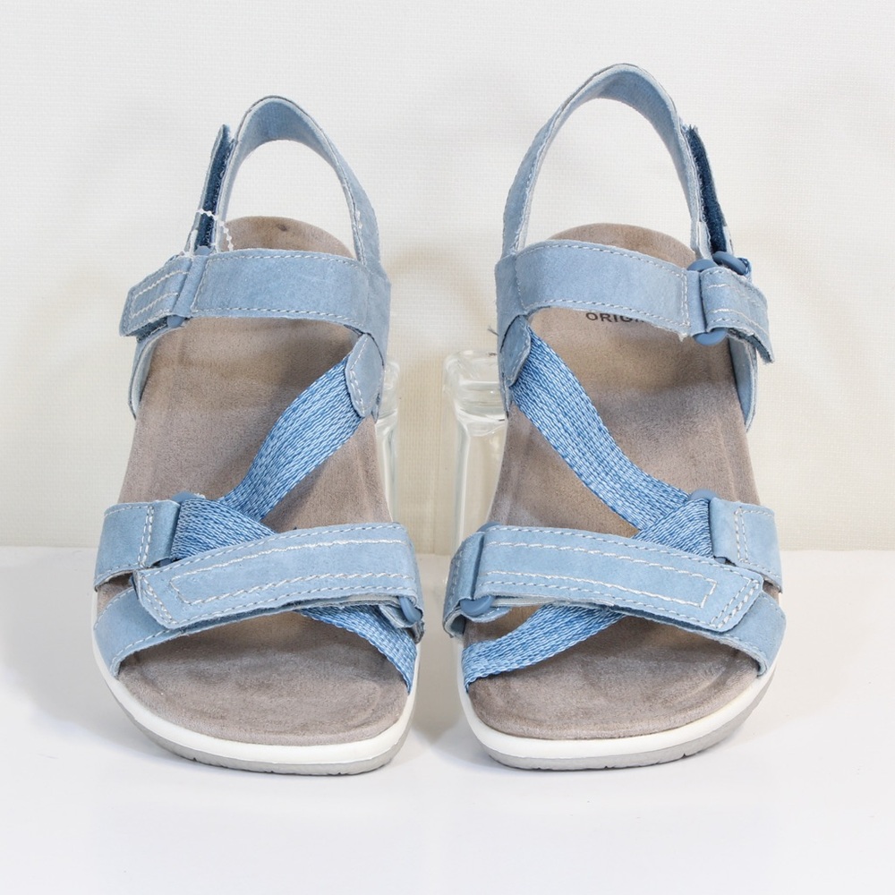 Earth Origins Savoy Slade Suede Cendre Blue Open Toe Adjustable Strap Sandal NWT